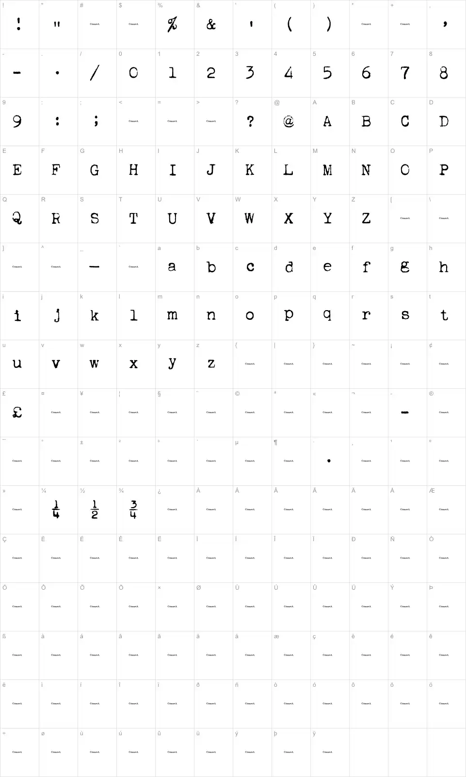 Mapa de caracteres da fonte Corona 4 Typewriter