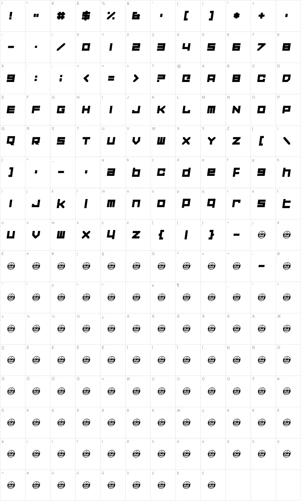 Mapa de caracteres da fonte Corporation Games