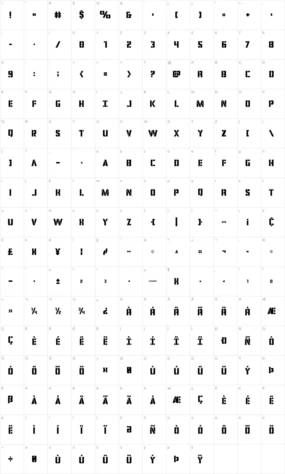 Mapa de caracteres da fonte Covert Ops