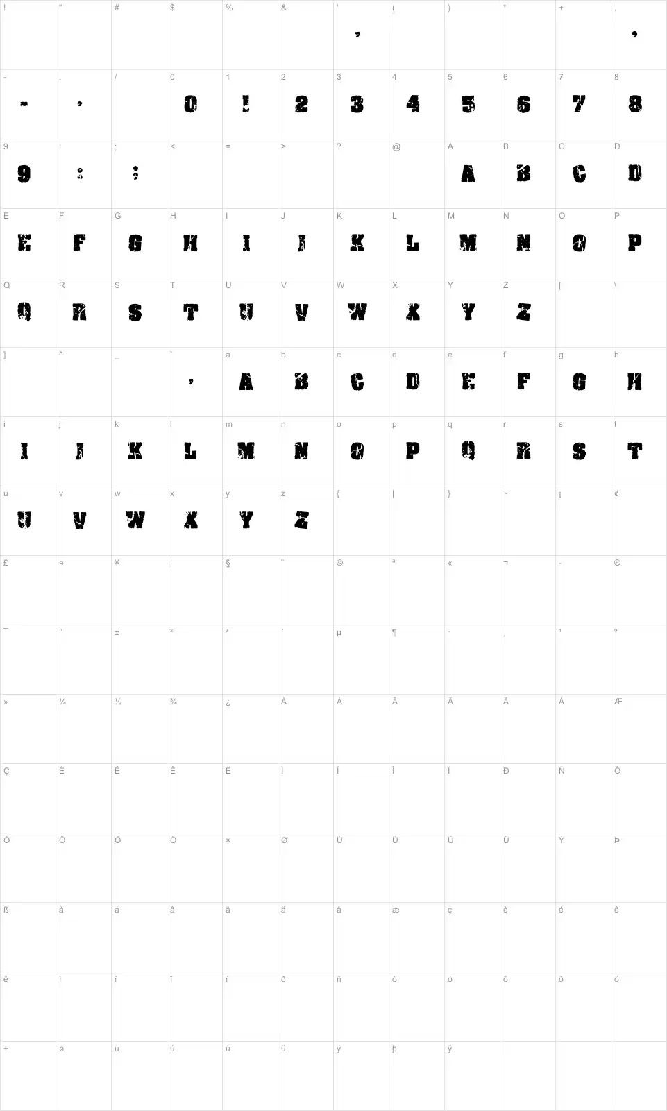 Mapa de caracteres da fonte Crack and Bold