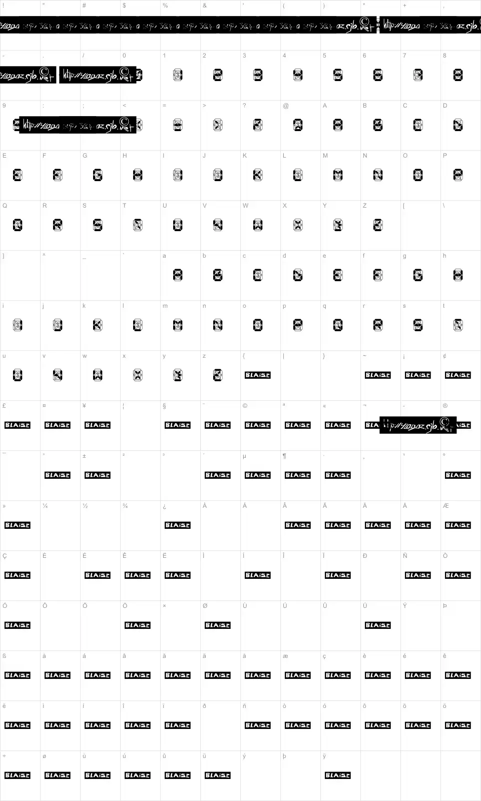 Mapa de caracteres da fonte Crashed Scoreboard