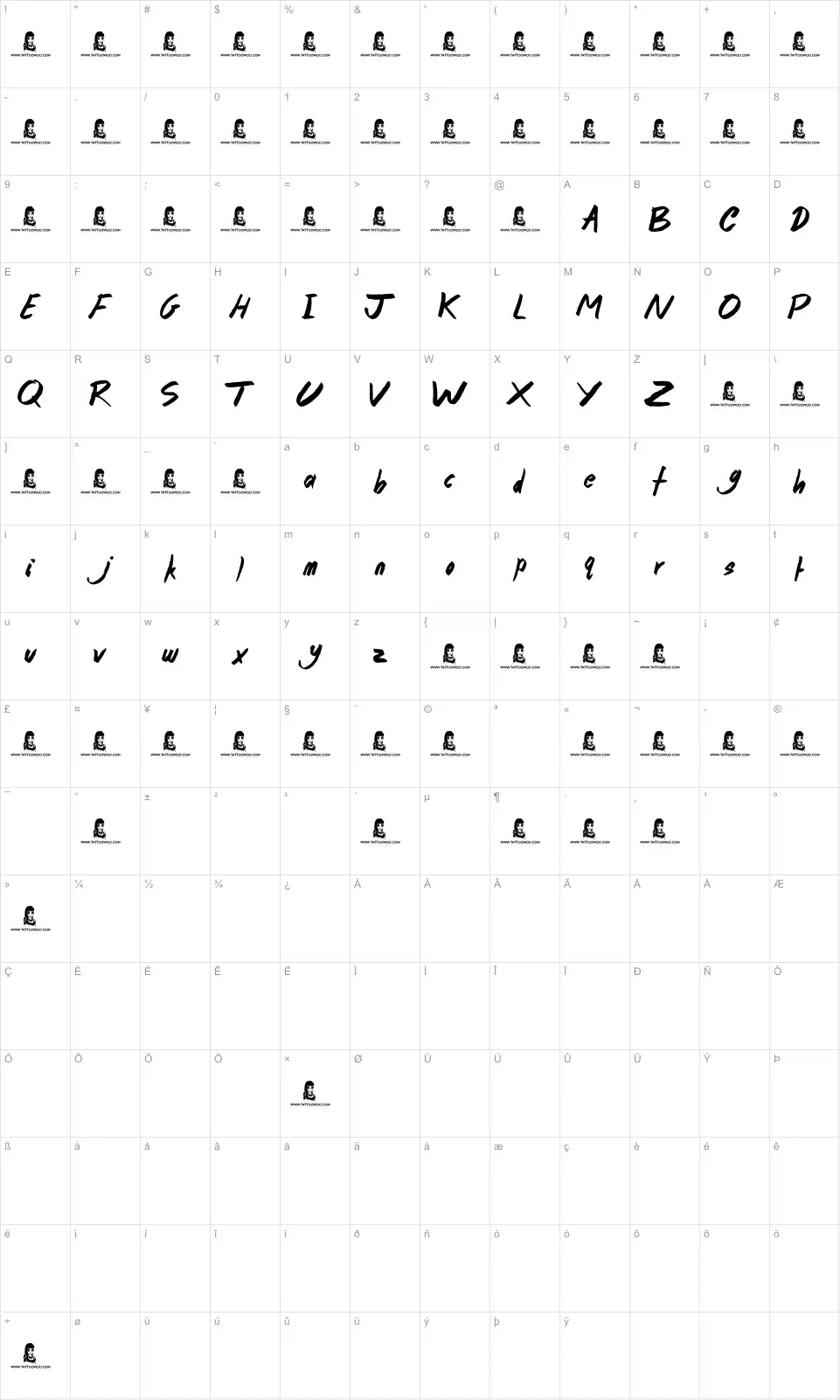 Mapa de caracteres da fonte Crazy Rascals