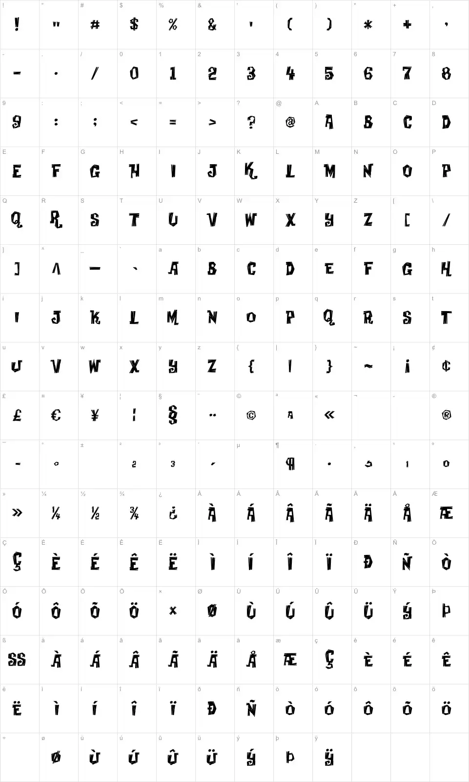 Mapa de caracteres da fonte Creaky Frank