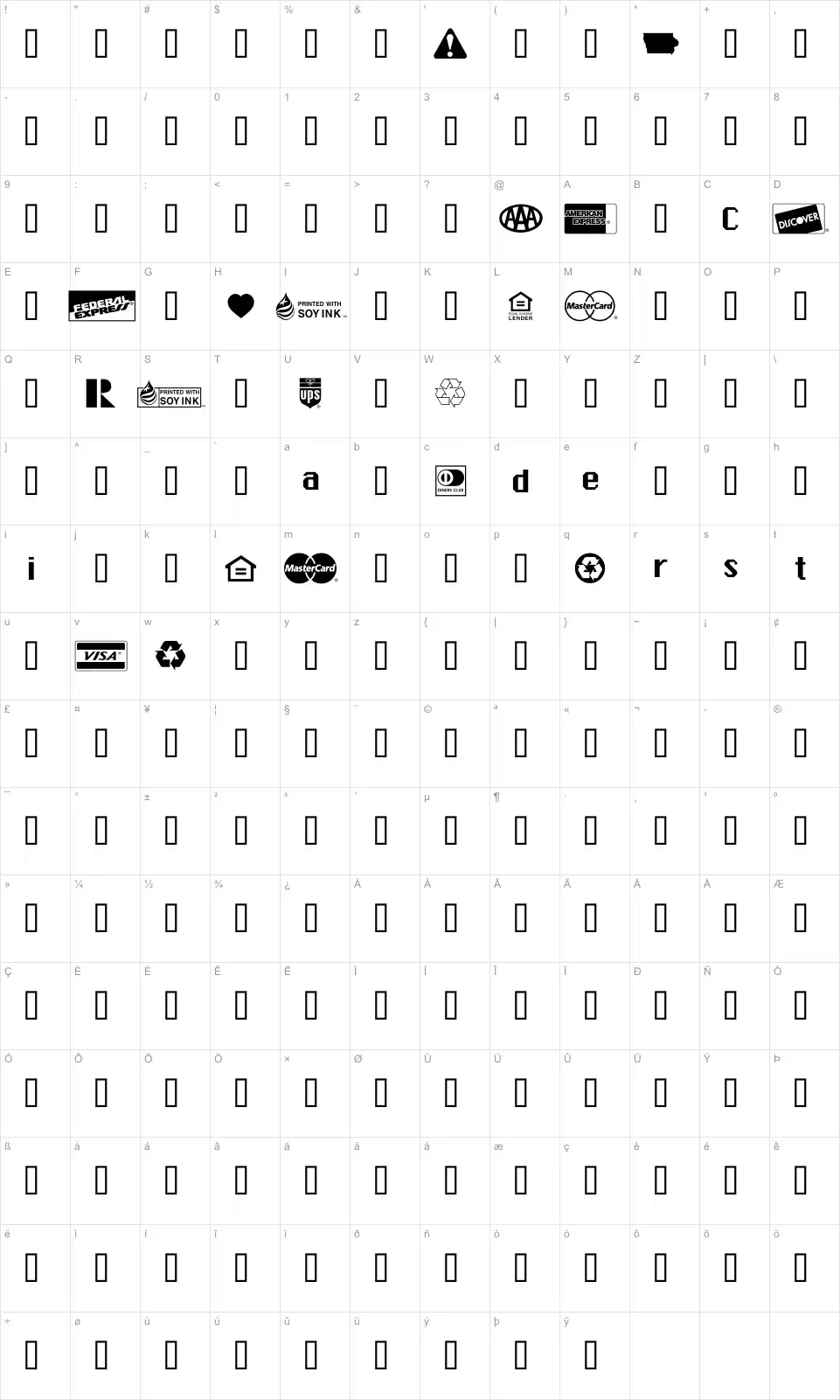 Mapa de caracteres da fonte Credit Cards