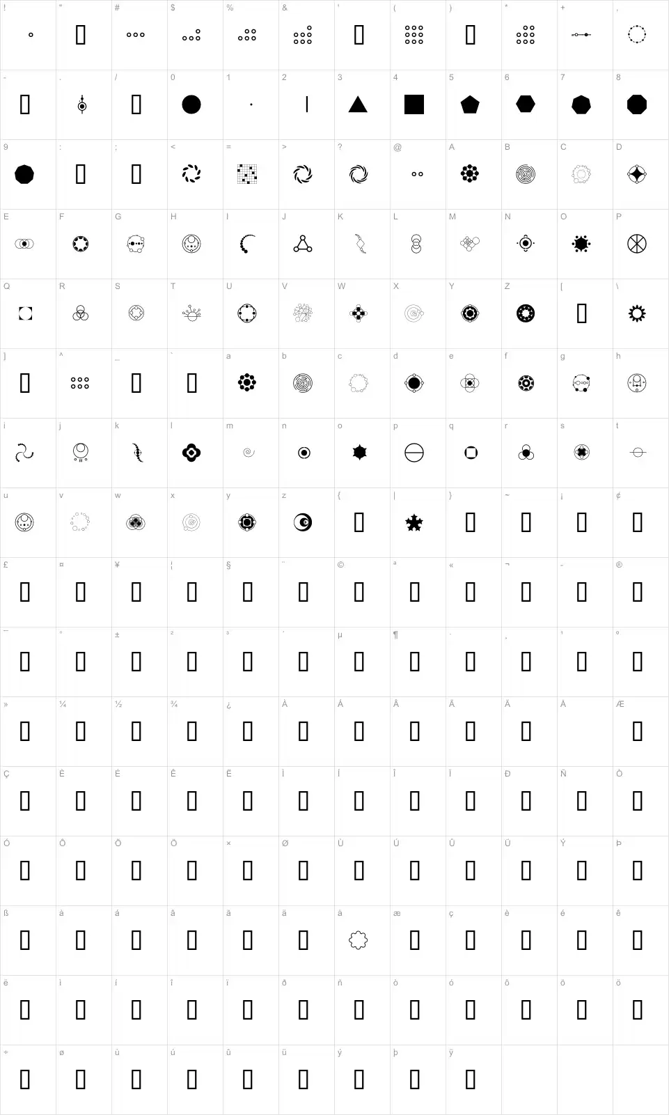 Mapa de caracteres da fonte Crop Circle Dingbats