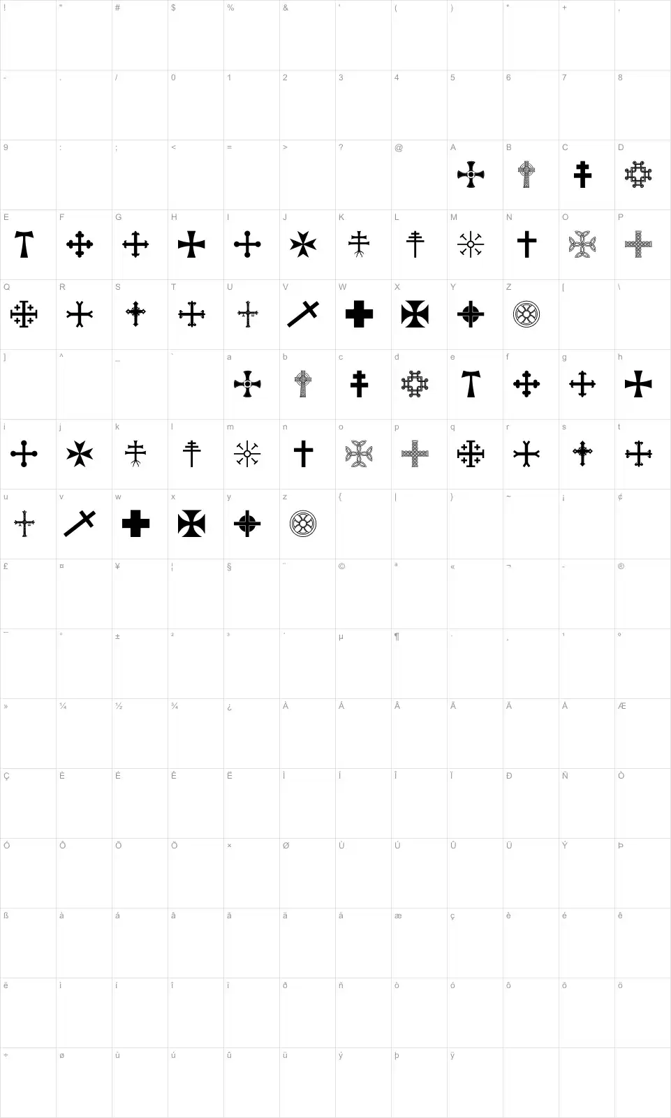 Mapa de caracteres da fonte Crossbats TFB