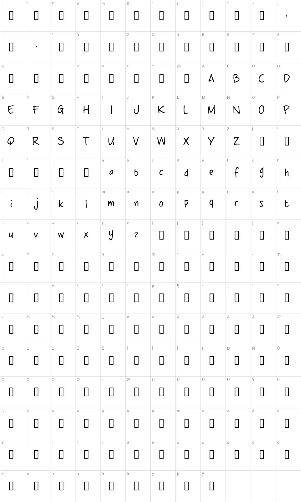 Mapa de caracteres da fonte Crossword Belle