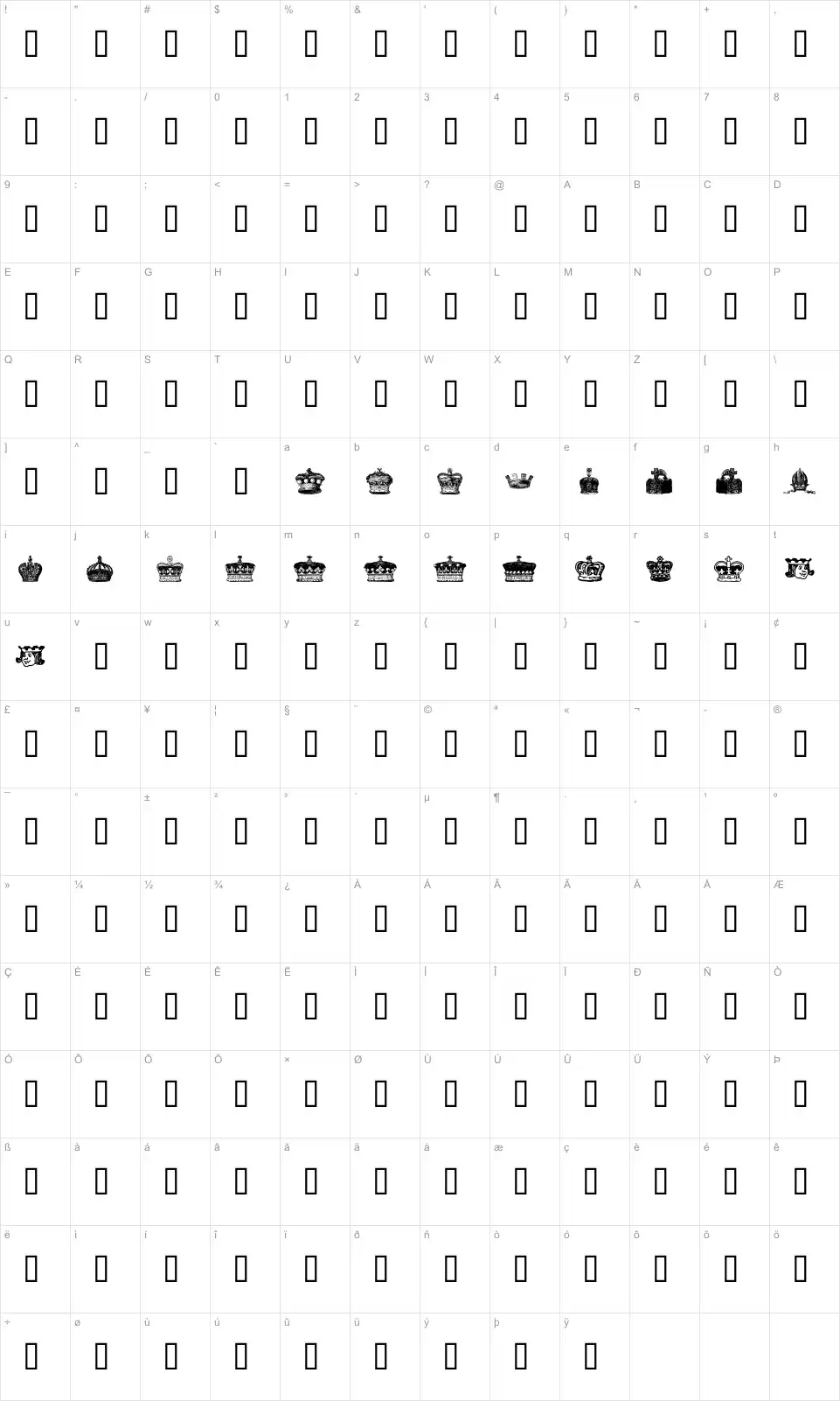 Mapa de caracteres da fonte Crowns and Coronets