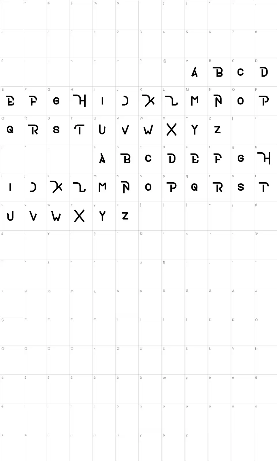 Mapa de caracteres da fonte Crumble
