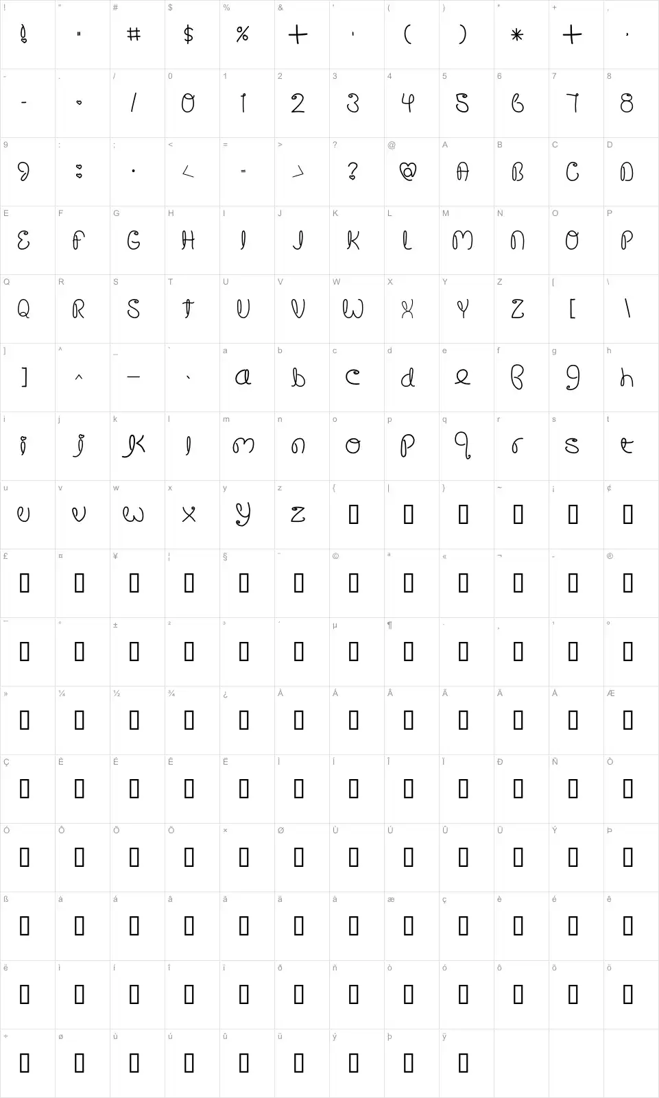 Mapa de caracteres da fonte Crushed Out Girl