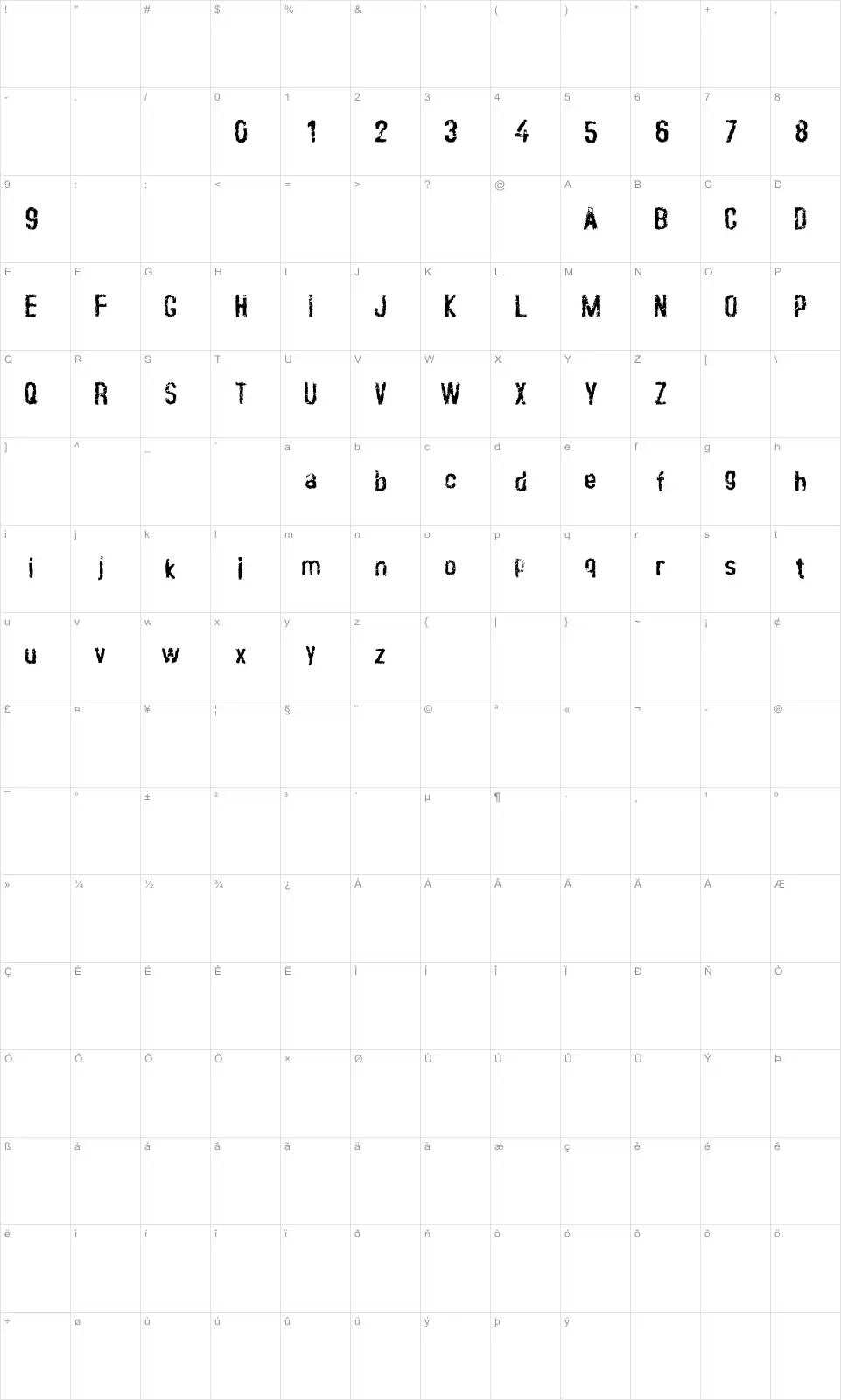 Mapa de caracteres da fonte Crust Clean