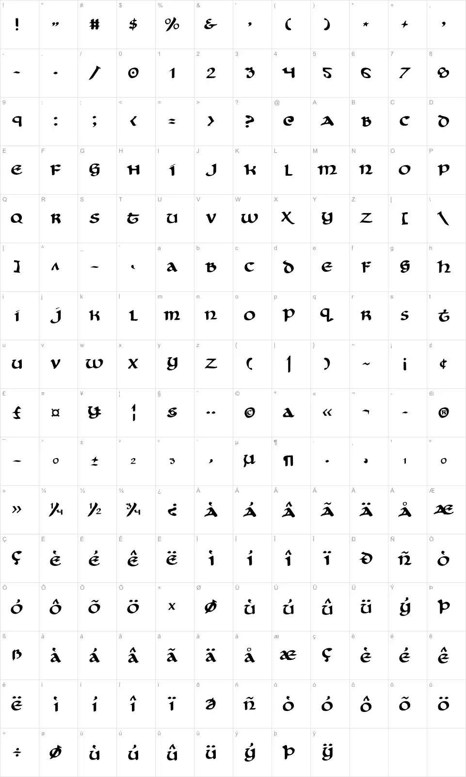 Mapa de caracteres da fonte Cry Uncial