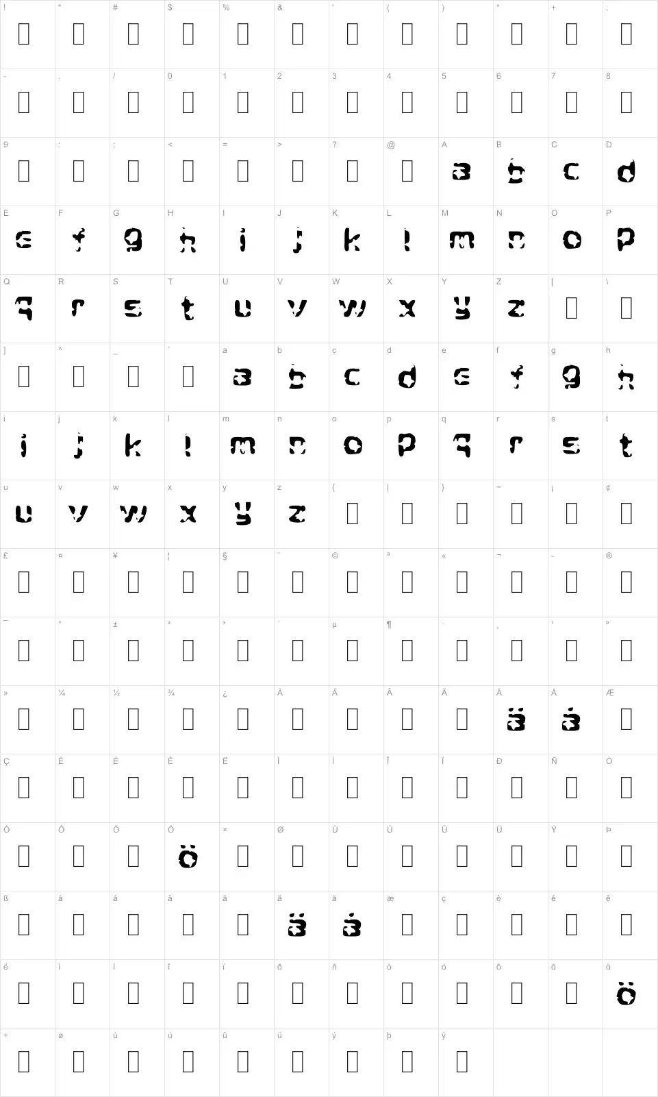 Mapa de caracteres da fonte Crying Star
