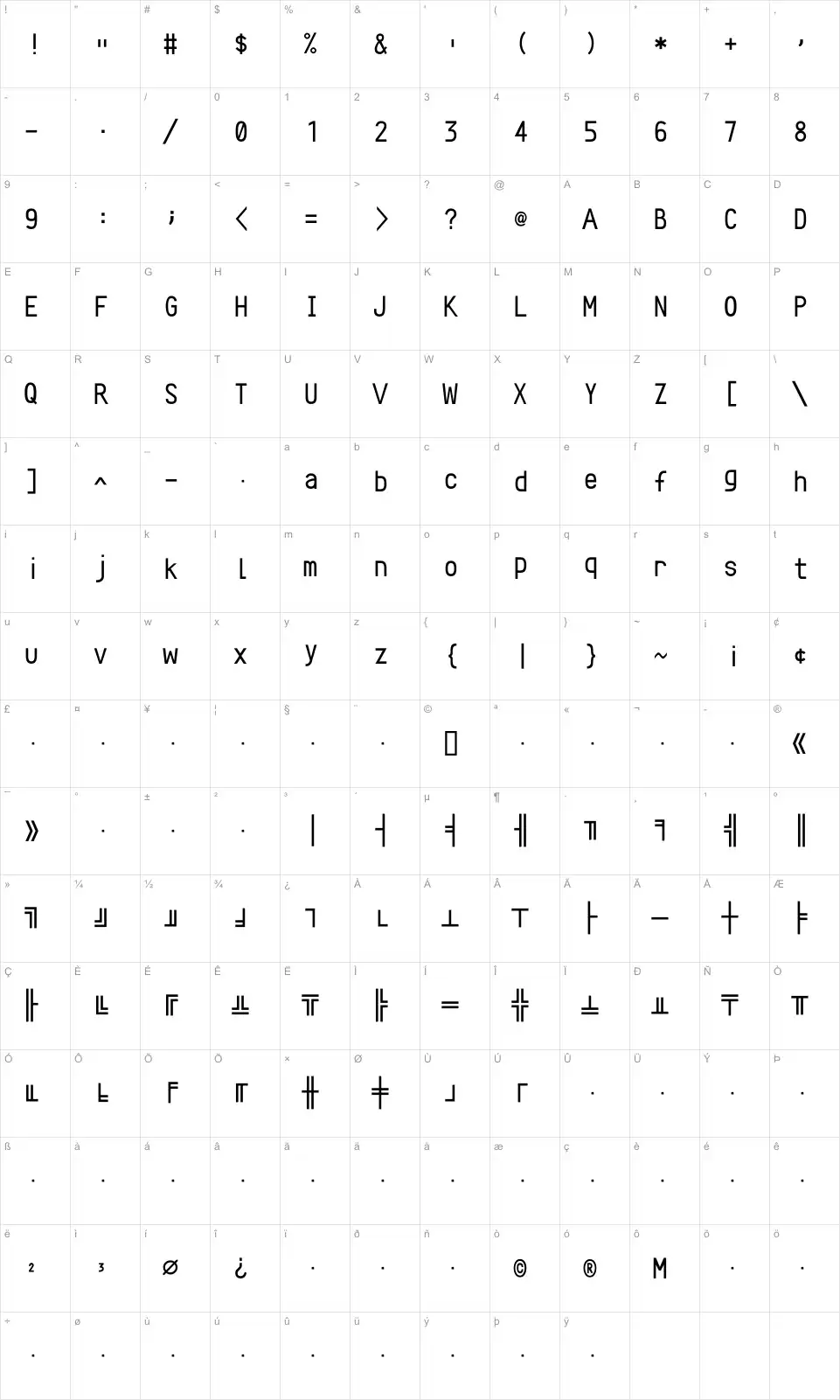 Mapa de caracteres da fonte Crystal Font