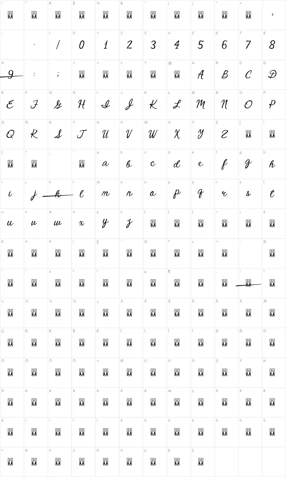 Mapa de caracteres da fonte Crystal Heart