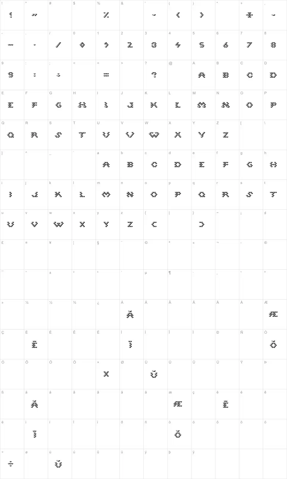 Mapa de caracteres da fonte Cube