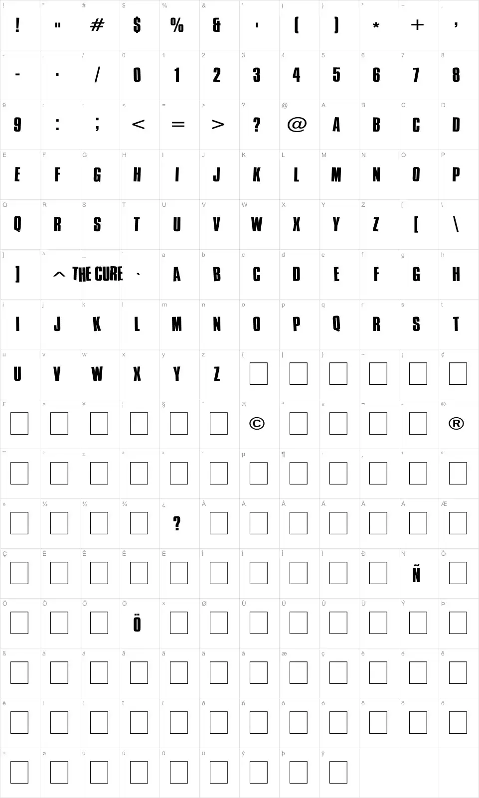 Mapa de caracteres da fonte Cure - Wild Moog Swing