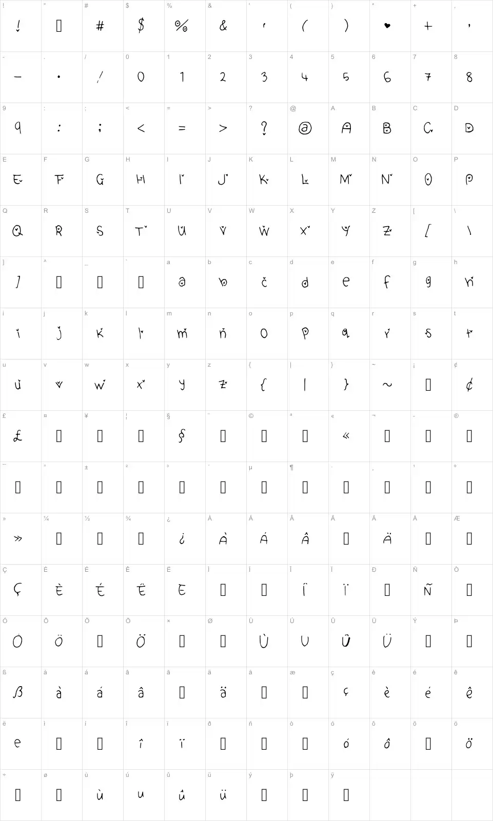 Mapa de caracteres da fonte Cute Heart Font