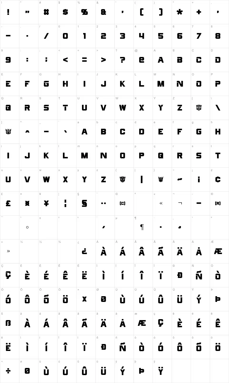 Mapa de caracteres da fonte Cyberfall