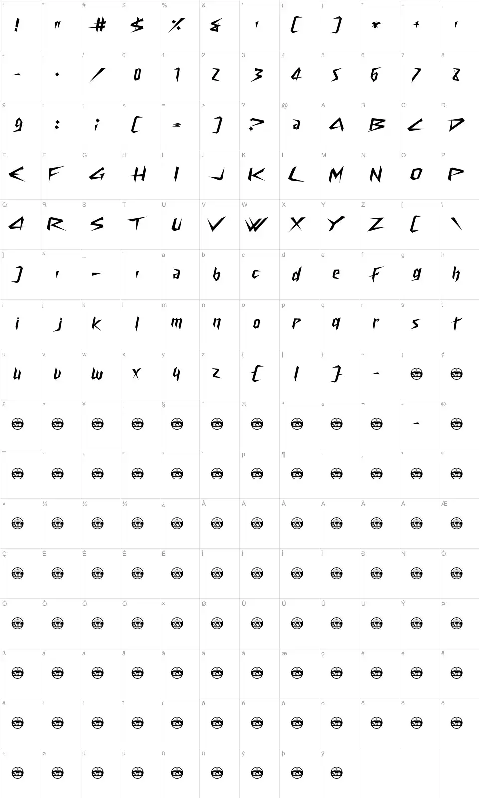 Mapa de caracteres da fonte Cyberway Riders