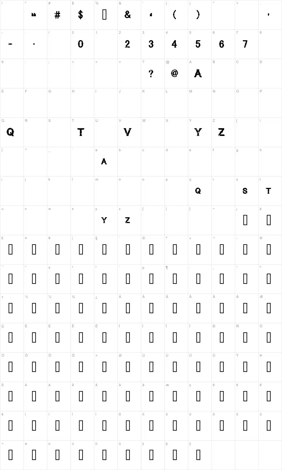 Mapa de caracteres da fonte Cynical Hills