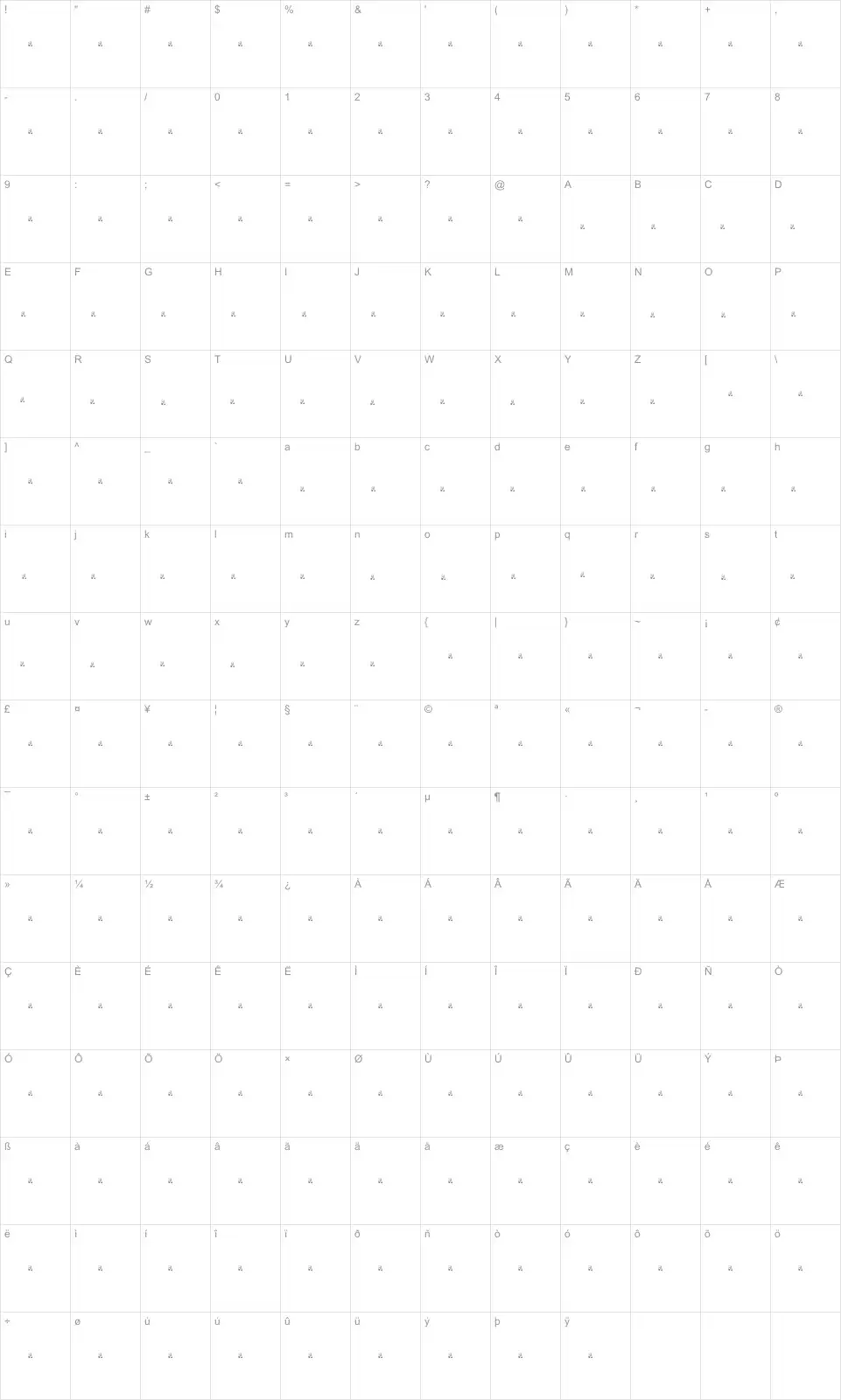Mapa de caracteres da fonte Dak Font