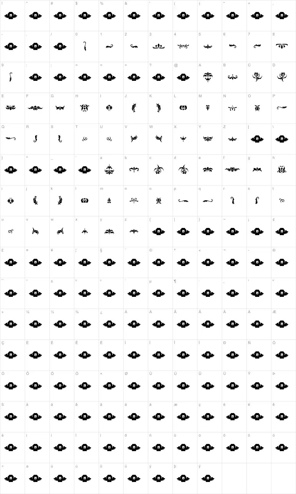 Mapa de caracteres da fonte Damask Dings 1