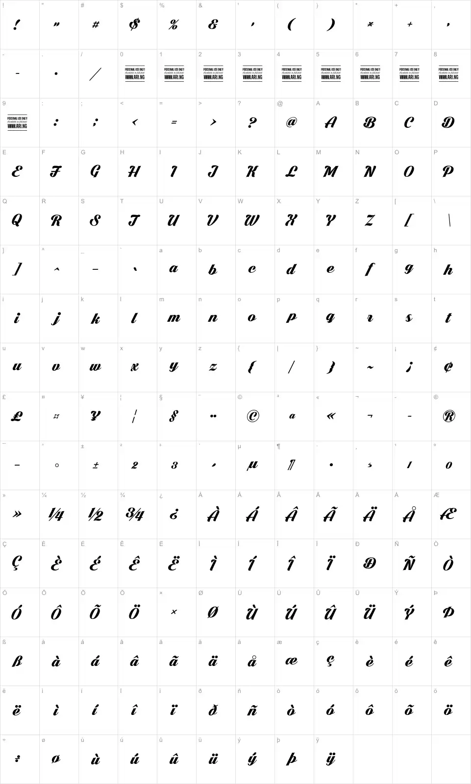 Mapa de caracteres da fonte Dark Larch