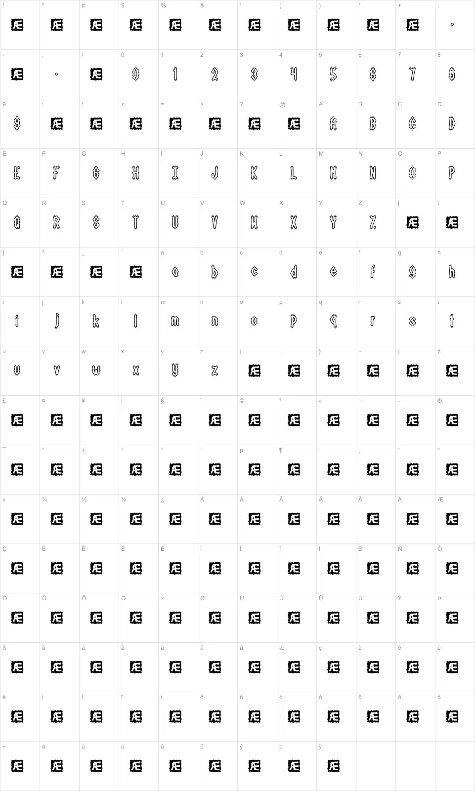 Mapa de caracteres da fonte Dark Side