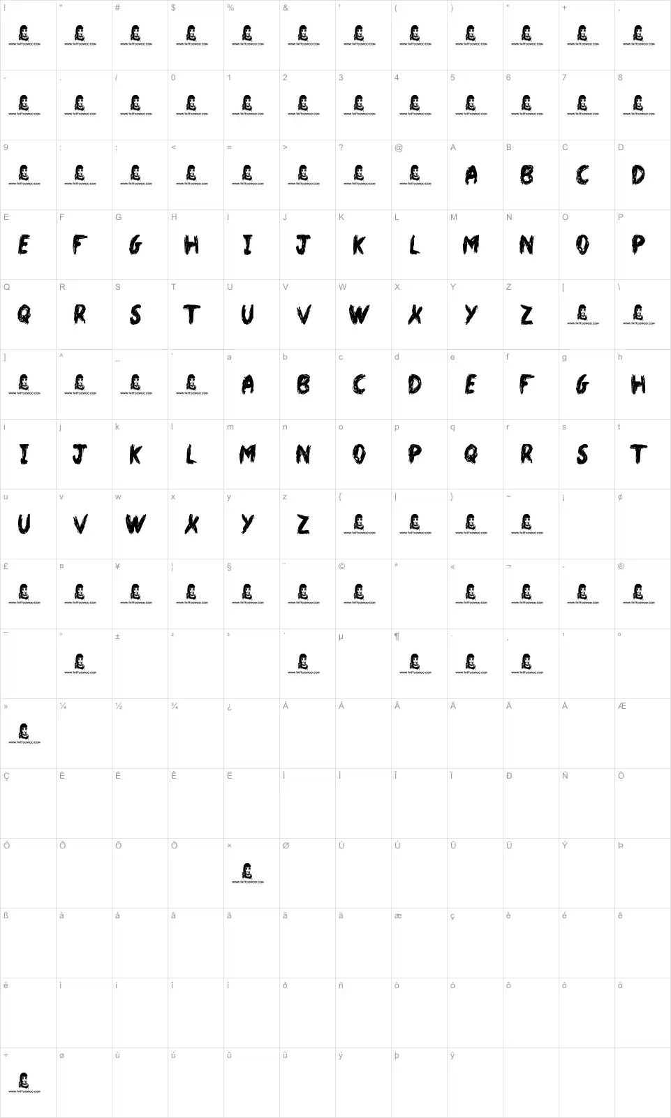 Mapa de caracteres da fonte Dark World