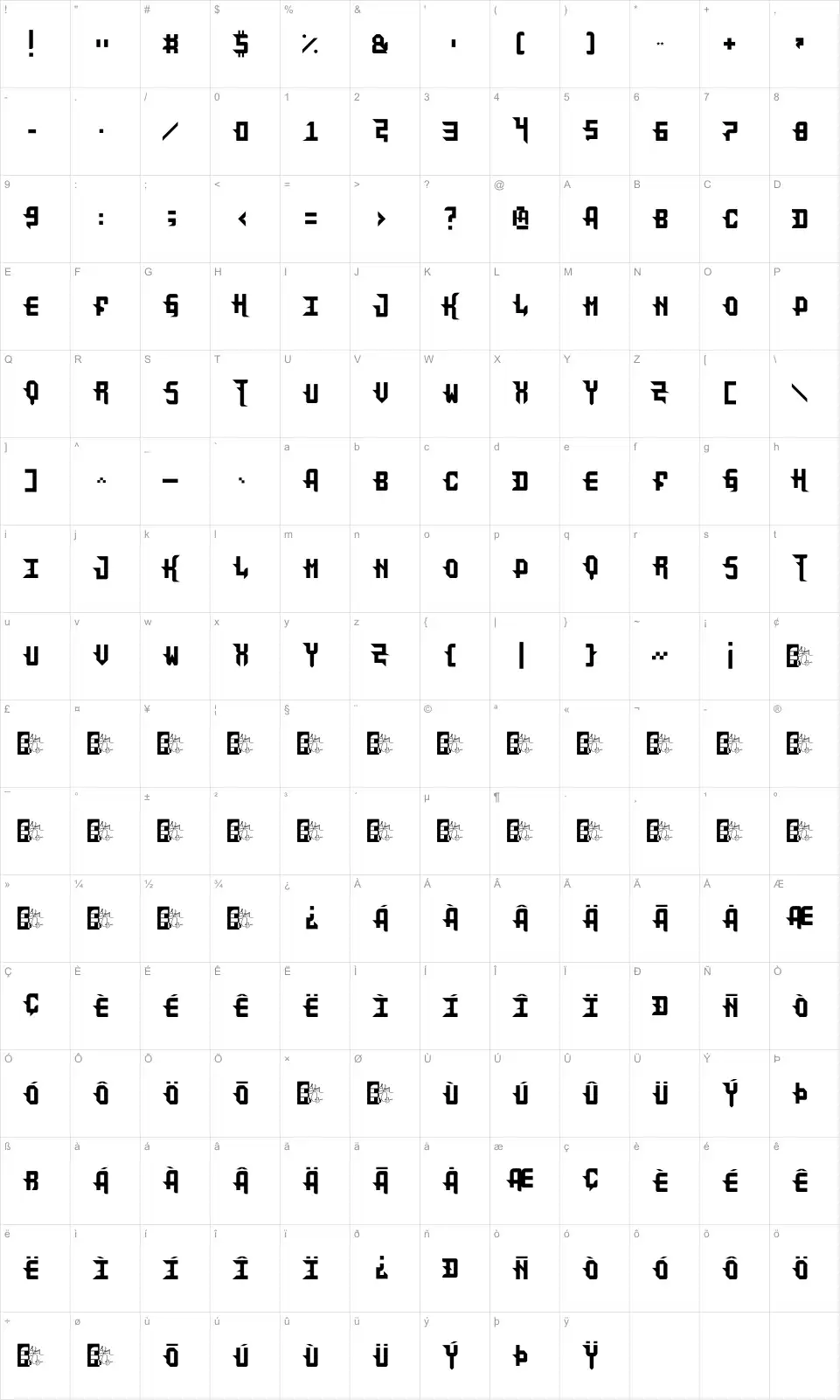 Mapa de caracteres da fonte DarkPix