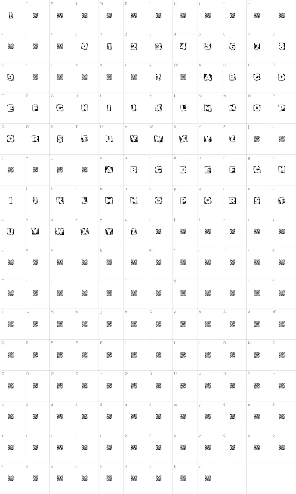 Mapa de caracteres da fonte Dat Box