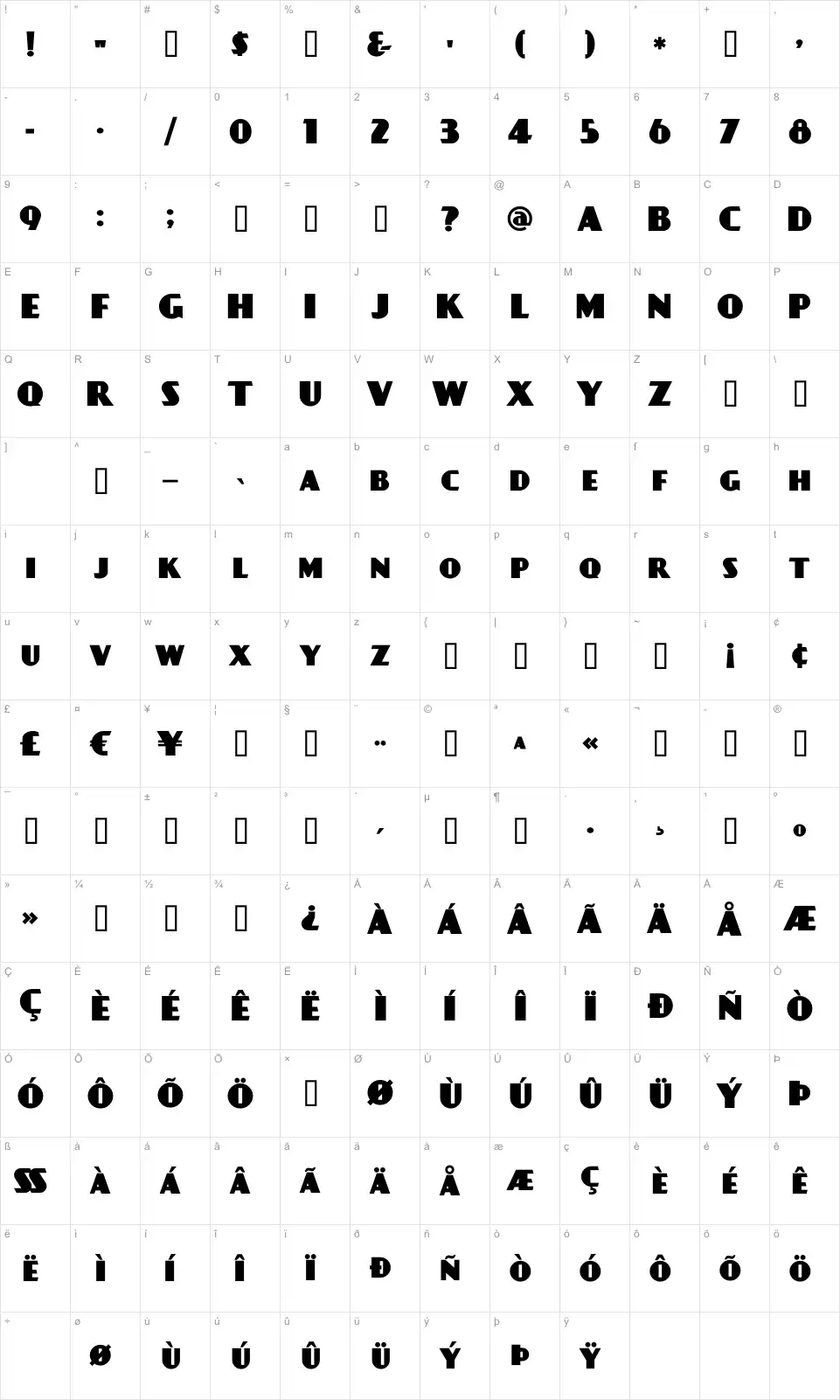Mapa de caracteres da fonte Day Poster Black