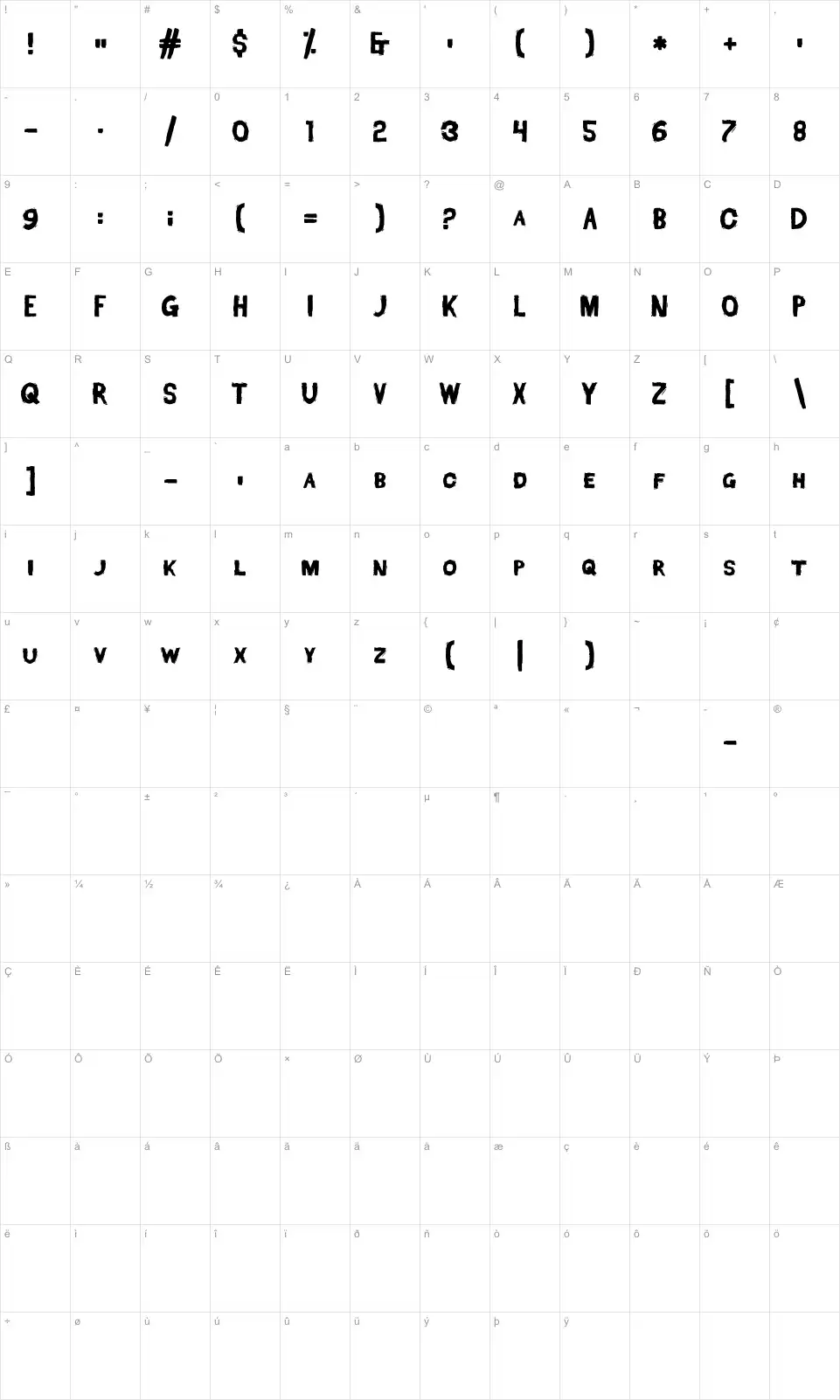 Mapa de caracteres da fonte Dead Font Walking