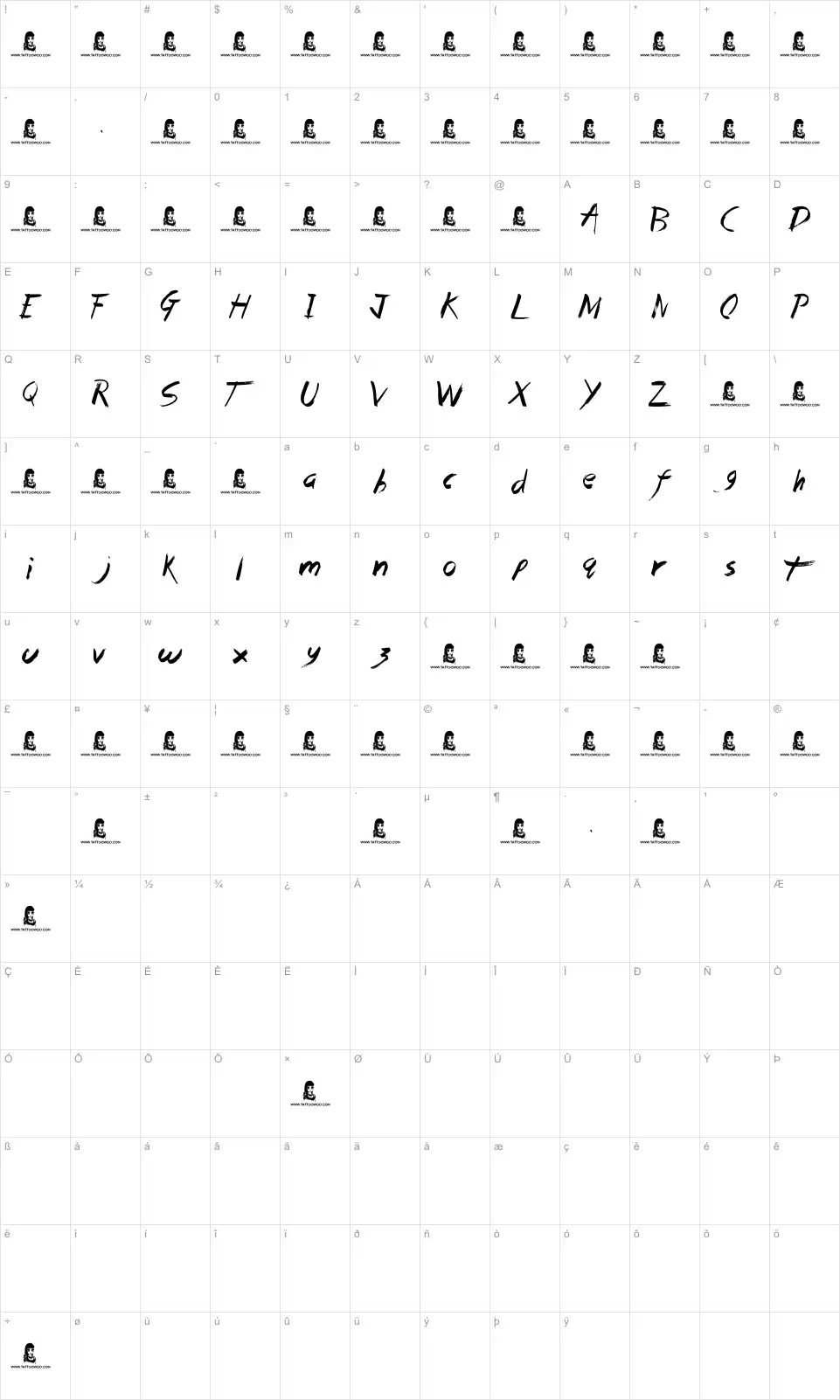 Mapa de caracteres da fonte Dead Island