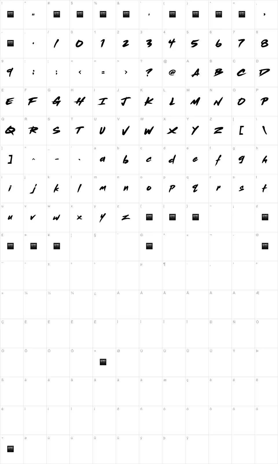Mapa de caracteres da fonte Dead Stock