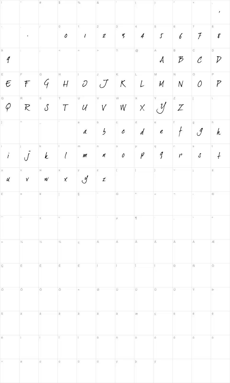 Mapa de caracteres da fonte Dear Joe 2