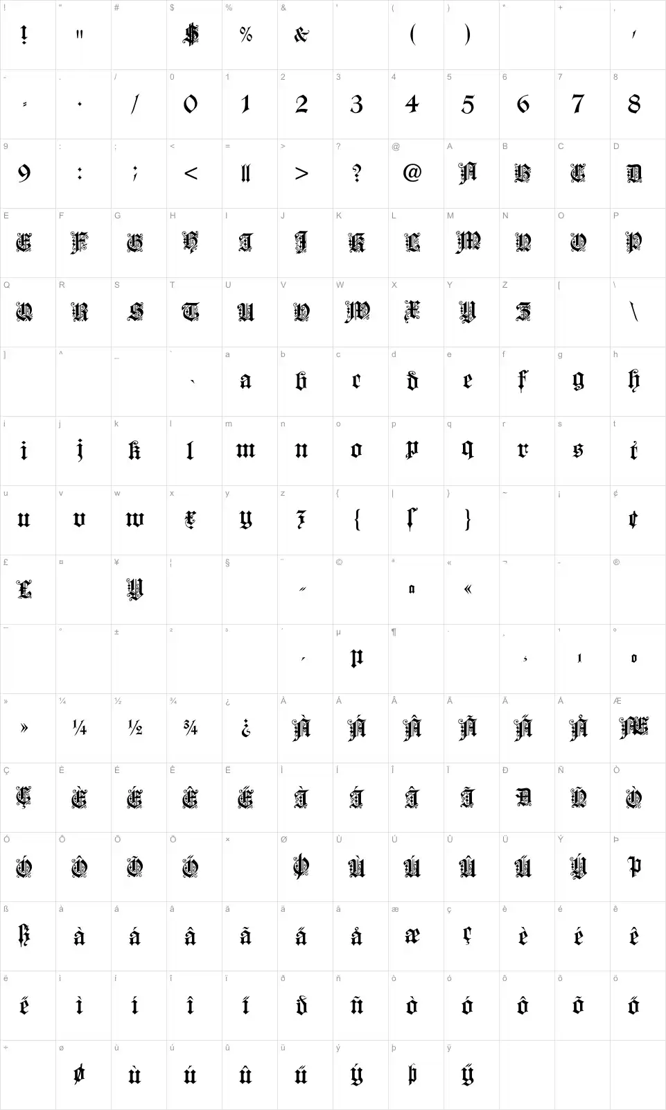 Mapa de caracteres da fonte Dearest
