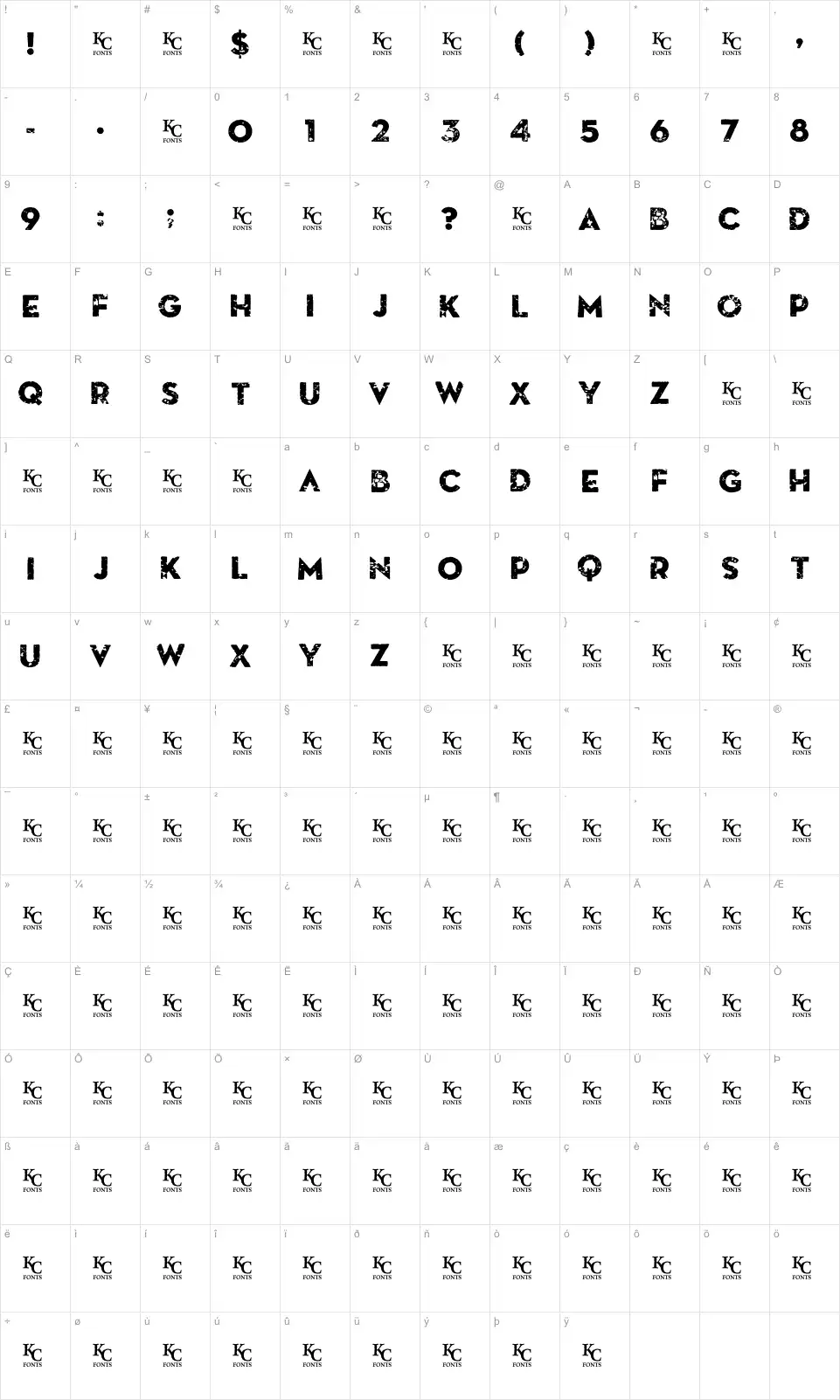 Mapa de caracteres da fonte Death From Above