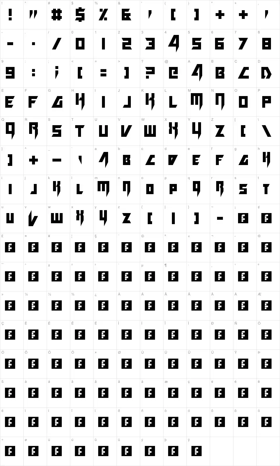Mapa de caracteres da fonte Death Hector