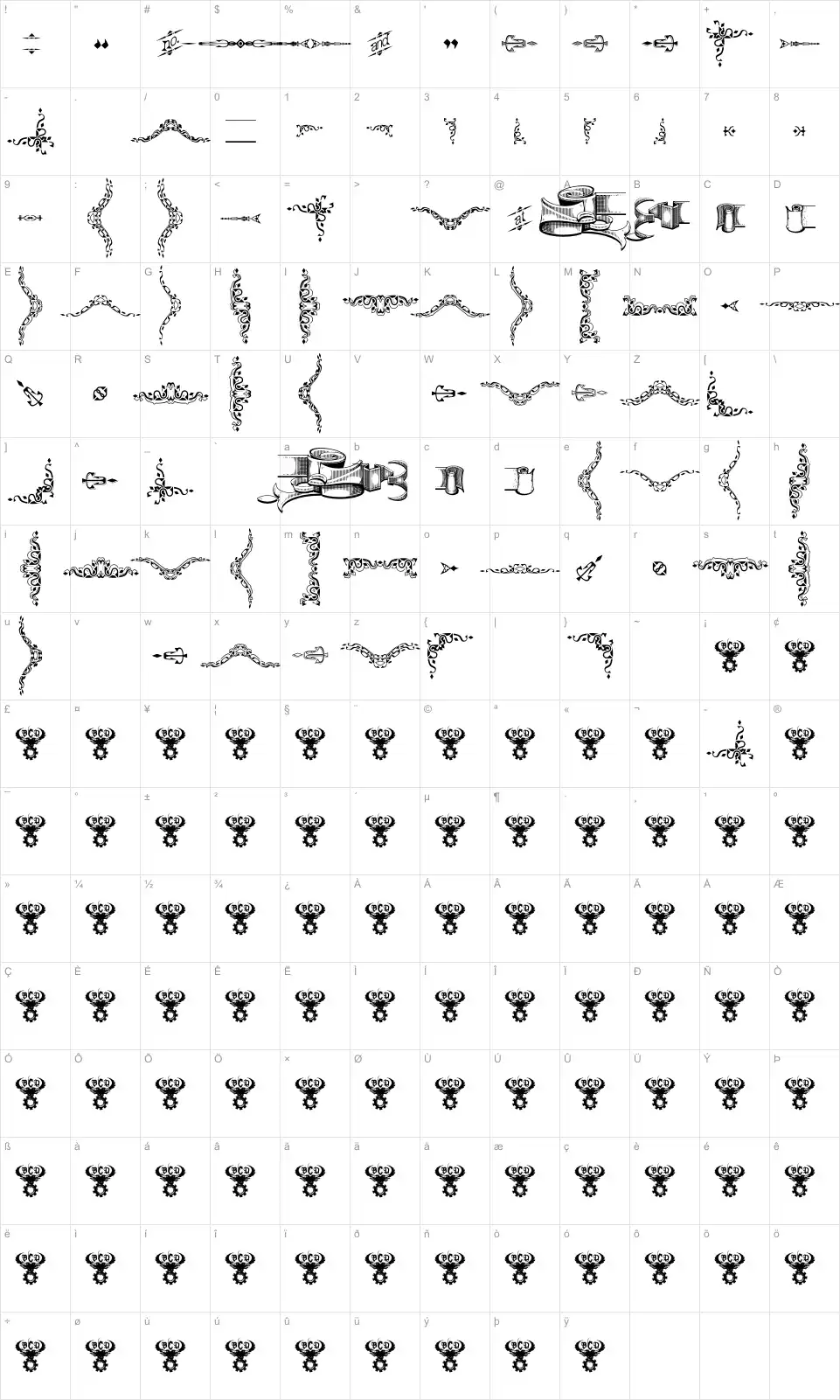 Mapa de caracteres da fonte Deborah Extras Ornaments