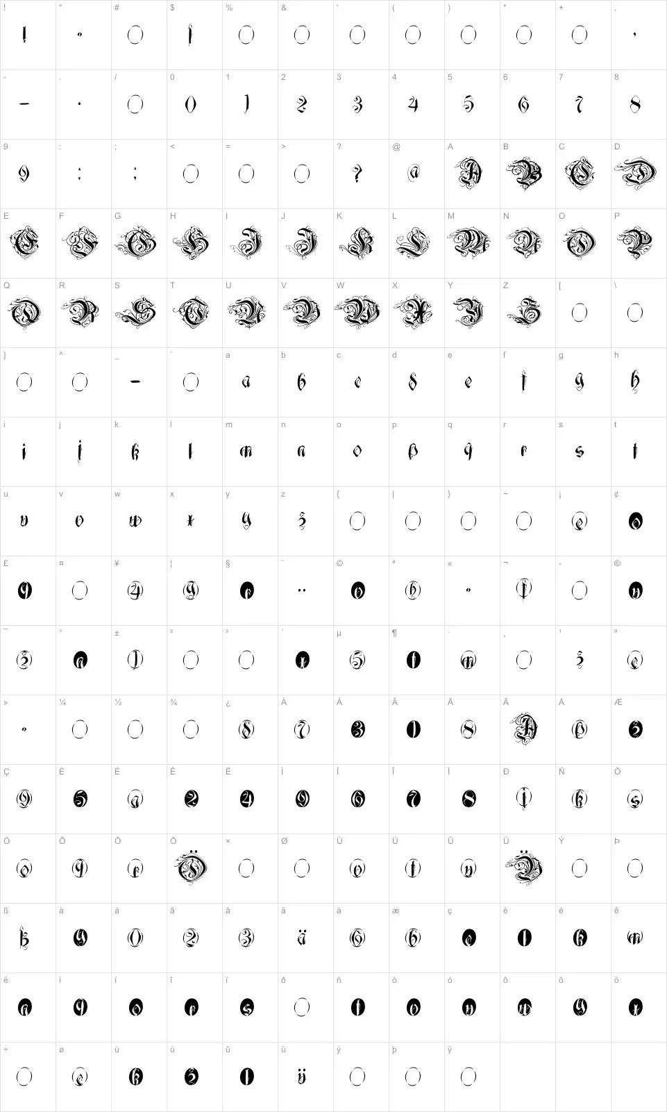 Mapa de caracteres da fonte Decadentia