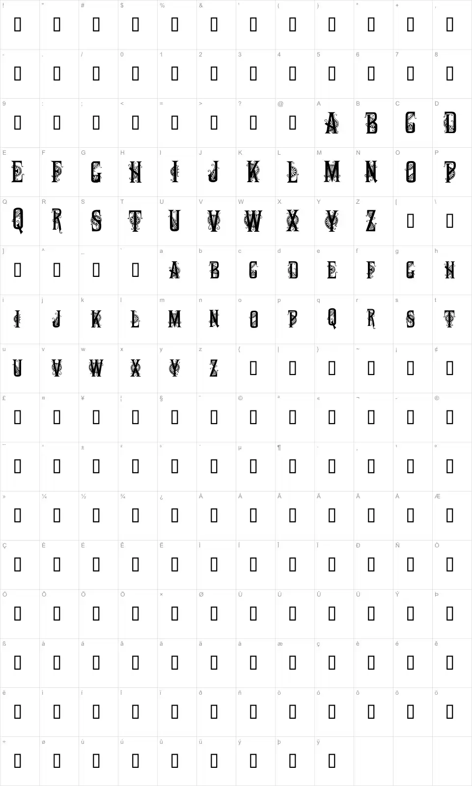 Mapa de caracteres da fonte Deco Caps