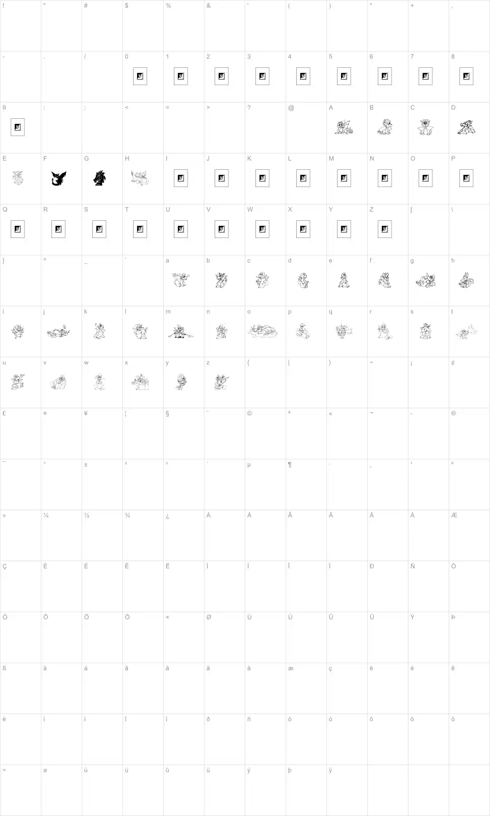 Mapa de caracteres da fonte Delightful Lil Dragons
