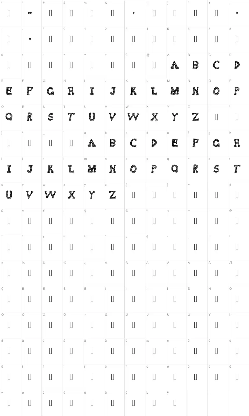 Mapa de caracteres da fonte Delusional