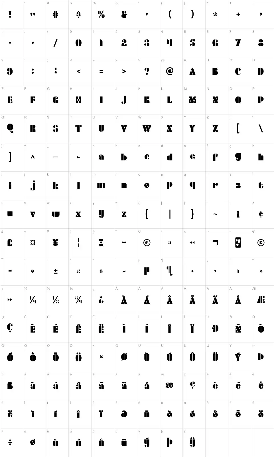 Mapa de caracteres da fonte Densmore