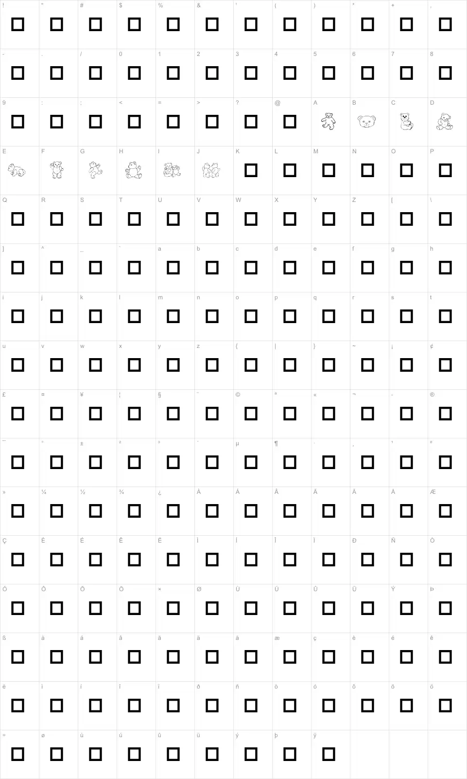 Mapa de caracteres da fonte Destiny's Teddy Dings