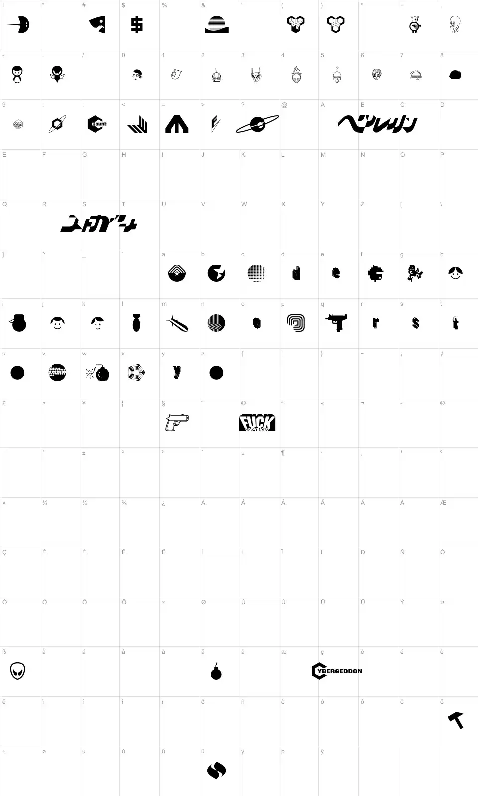 Mapa de caracteres da fonte Destroy Dingbats