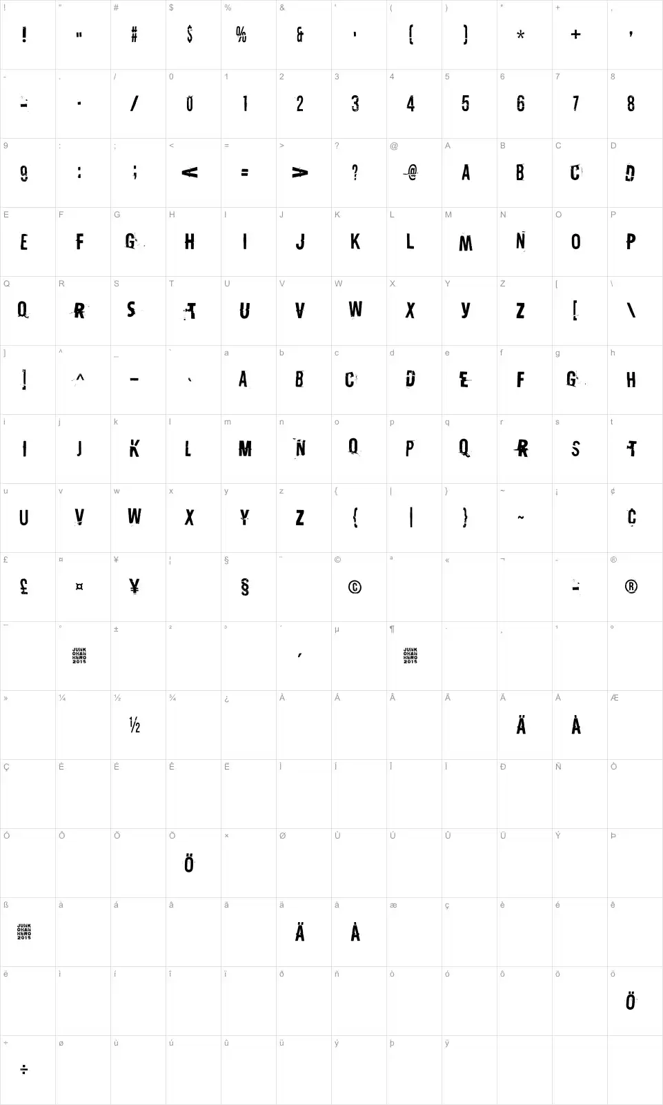 Mapa de caracteres da fonte Destroy X
