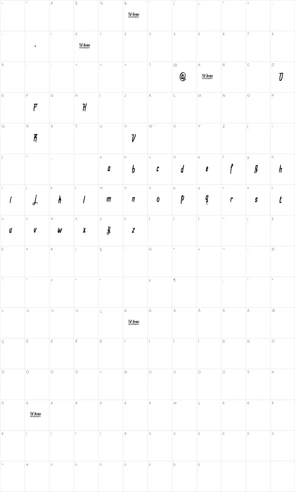 Mapa de caracteres da fonte DHF Dexgraffiti Return
